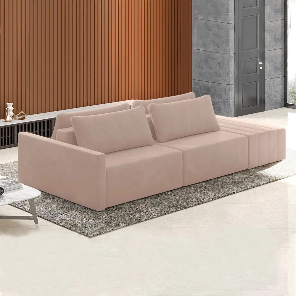 Sofá Ilha Modulado Milos 232cm Puff Lateral Veludo Rosê G33 - Gran Belo