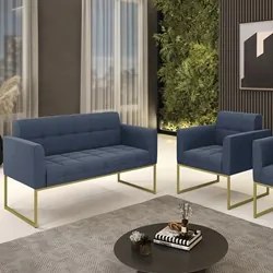 Sofá Namoradeira e 1 Poltrona Base Industrial Dourado Ana Suede Azul M
