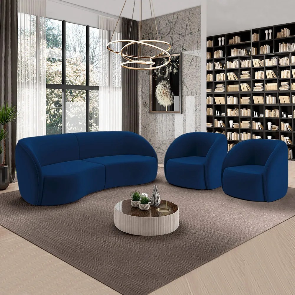 Conjunto Sofá Sala de Estar Bipartido 288cm e 2 Poltronas Clarke Veludo Azul G45 - Gran Belo