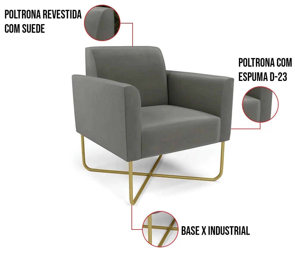 Poltrona Base X Industrial Dourado Marisa Suede - Grafite