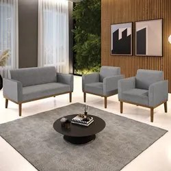 Sofá Namoradeira e 2 Poltronas Base Madeira Castanho Maressa Linho Gra