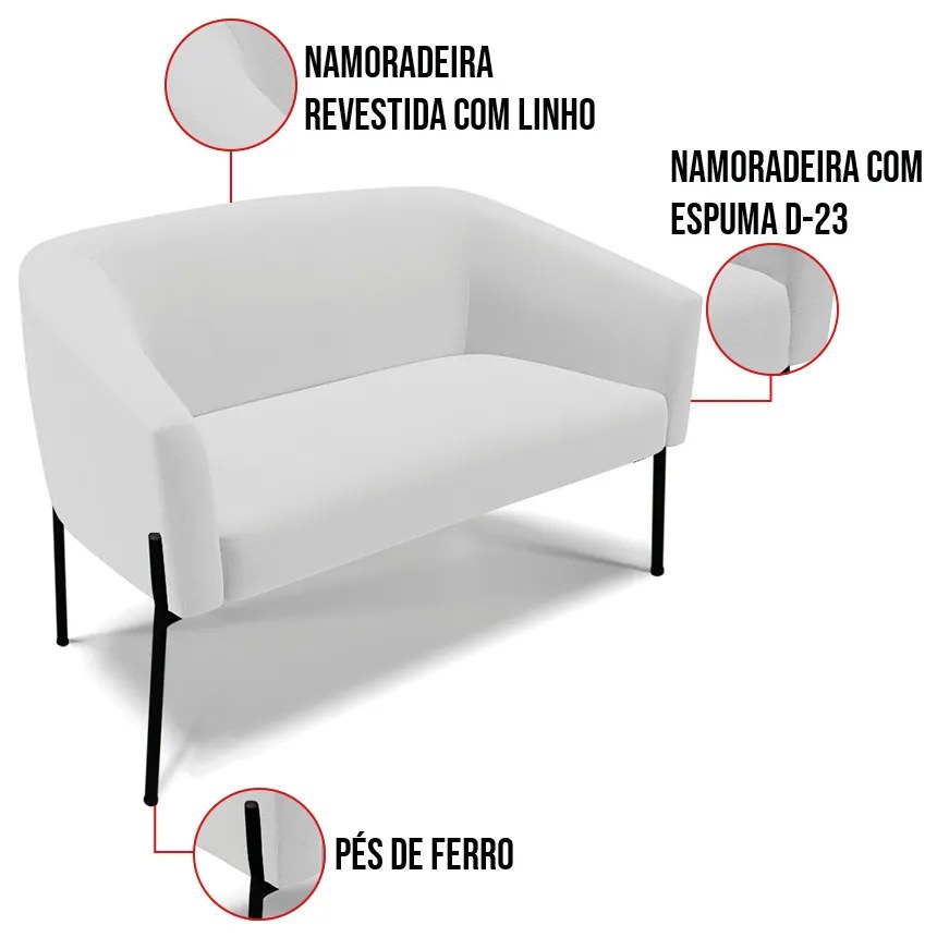 Sofá 2 Lugares Namoradeira Pé de Ferro Preto Stella Linho D03 - D'Rossi - A05 Cinza