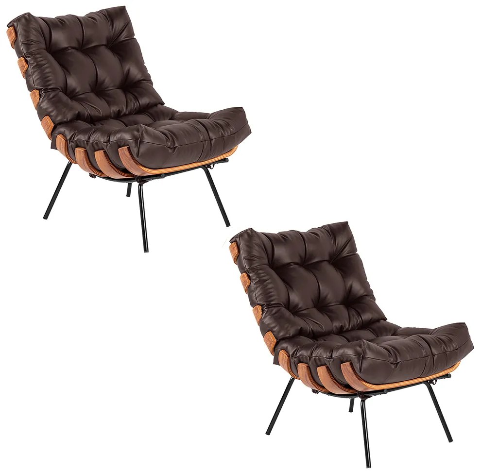 Poltrona  Costela Kit 2 Couro Marrom Base Industrial Preto L02 - D'Rossi