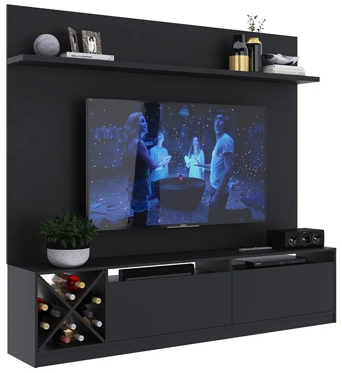 Painel Home Suspenso Sala Tv 2 Portas 5 Prateleiras Preto
