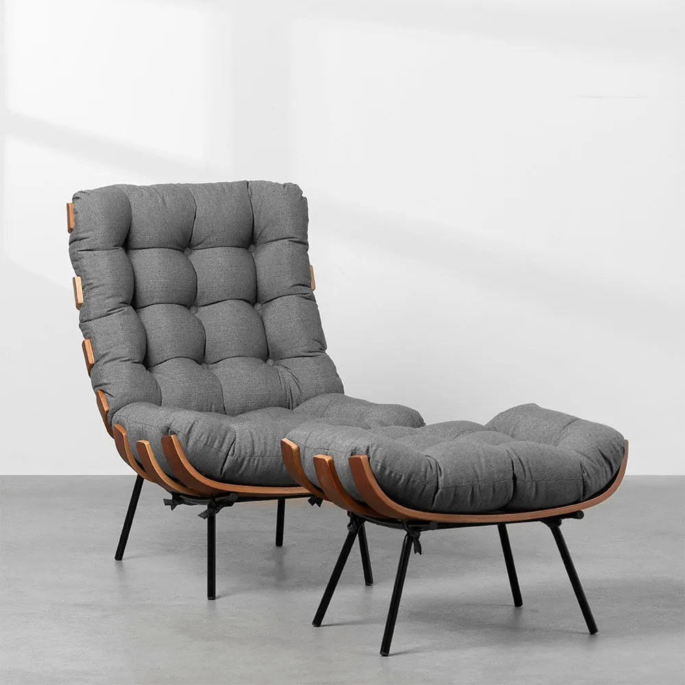 Poltrona Costela Slim Alta com Puff Trellis Grafite - Poltrona Costela Slim Alta com Puff - Trellis Grafite