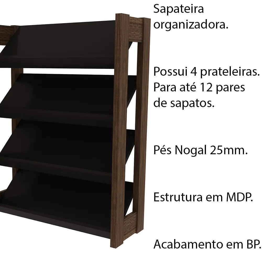 Sapateira Baixa para Quarto AZ1025 MDP Preto/Nogal G69 - Gran Belo