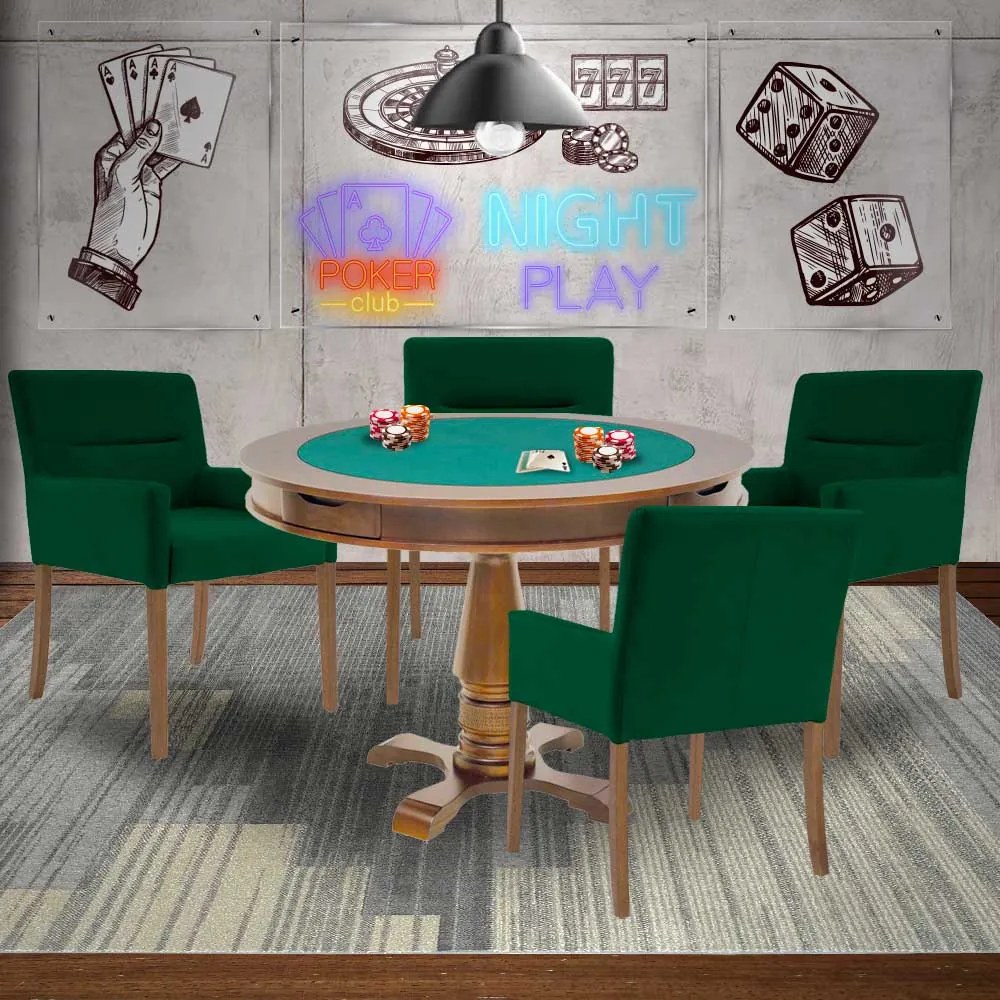 Mesa de Jogos Carteado Victoria Redonda Tampo Reversível Amêndoa com 4 Cadeiras Vicenza Verde G36 G15 - Gran Belo