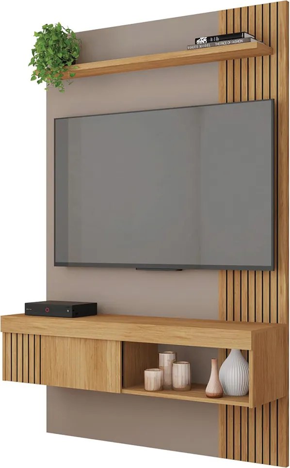 Painel Selina Ripado para TV até 45 com Porta de Correr e Prateleira MDP Buriti/Fendi G11 - Gran Belo