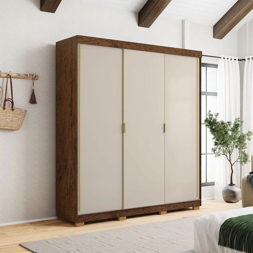 Guarda Roupa Casal Heros 3 Portas de Correr Dupla Face com Gavetas MDF Nogueira/Fendi G98 - Gran Belo