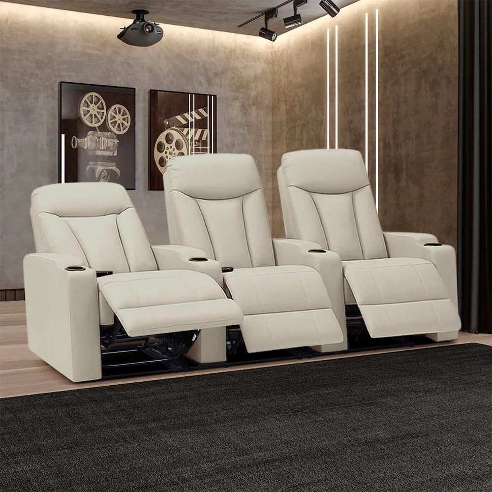 Poltrona Sala de Cinema 3 Lugares Manual Califórnia Aquecimento Massagem Reclinável PU Bege G94 - Gran Belo