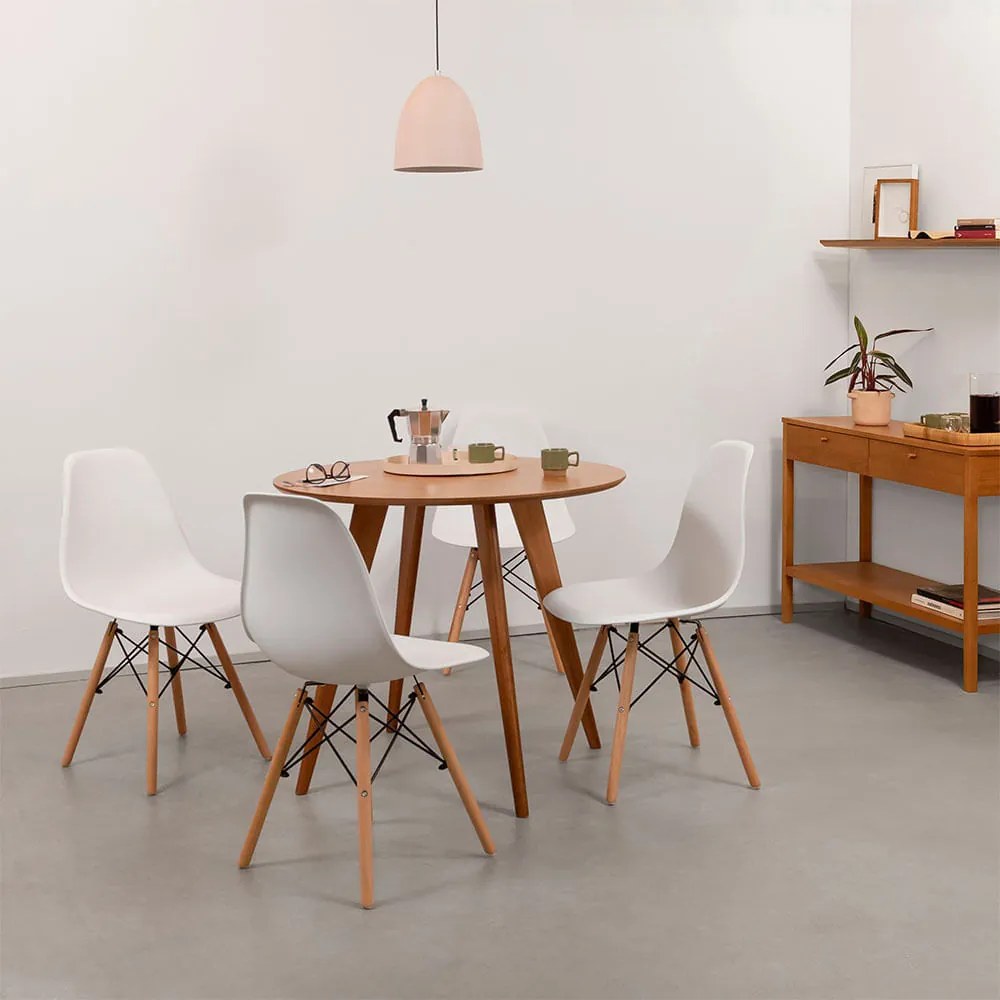 Conjunto Mesa Jantar Square Redonda 88cm Louro Freijó + 4 Cadeiras Eiffel em PP Branca Base Madeira