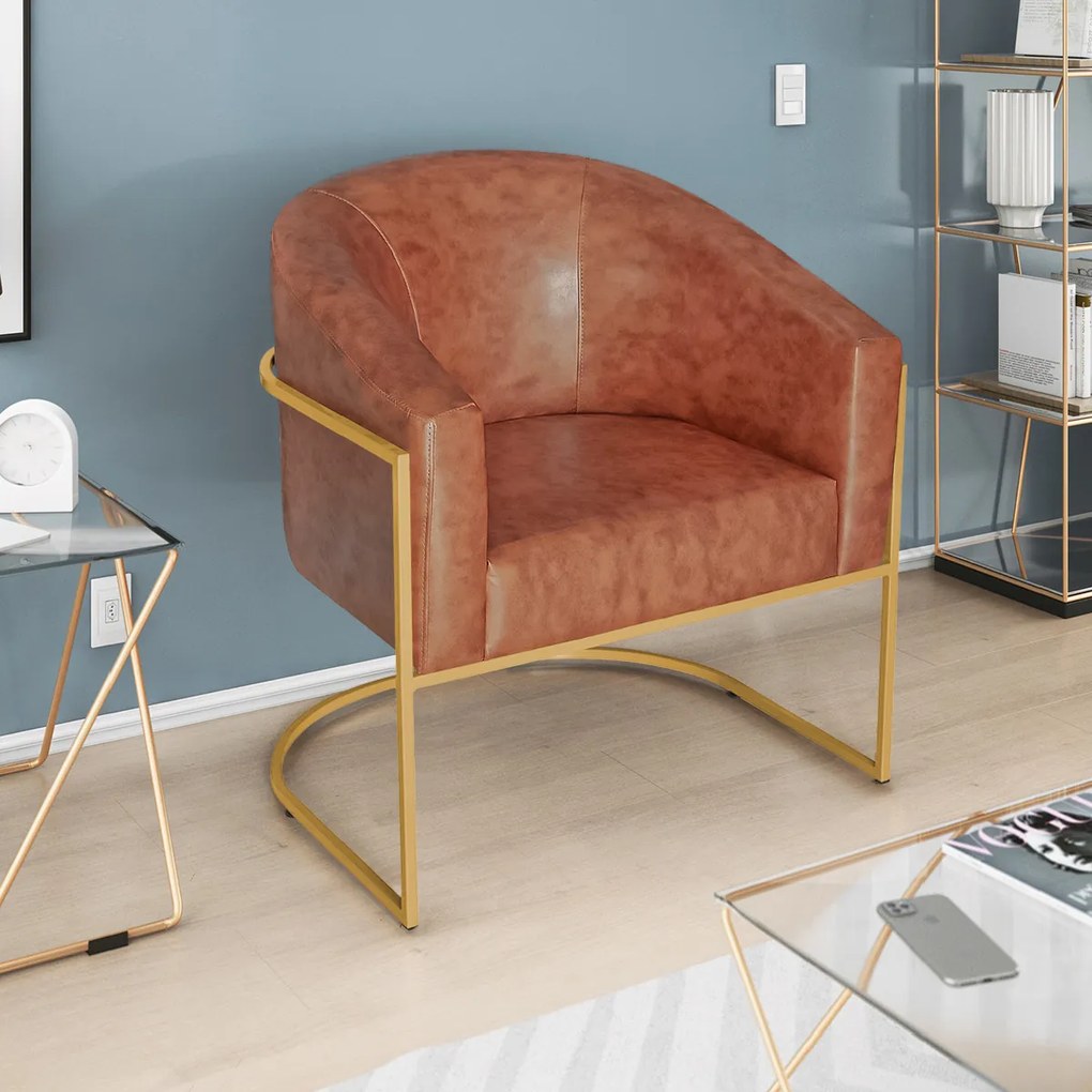 Poltrona Luiza Base de Ferro Dourado Sintético Nozes - ADJ Decor