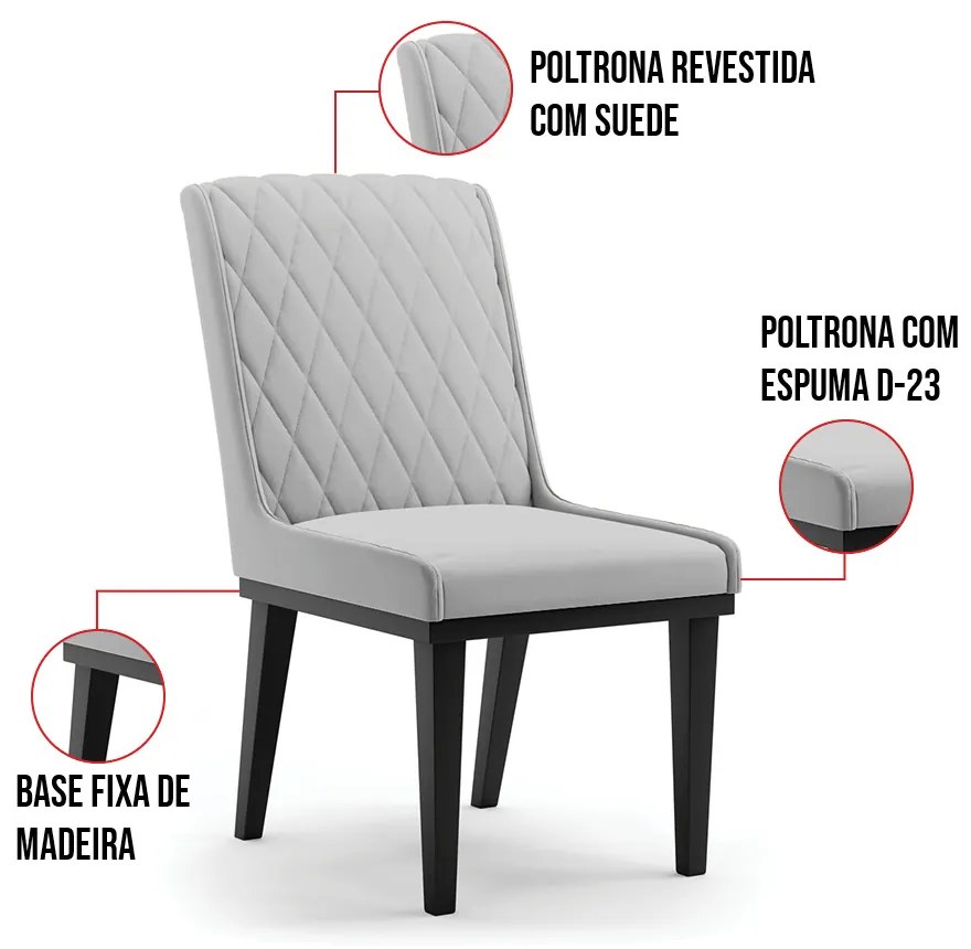 Cadeira Sala de Jantar Base Madeira Preto Kit 10 Sofia Suede D03 - D'Rossi - Cinza