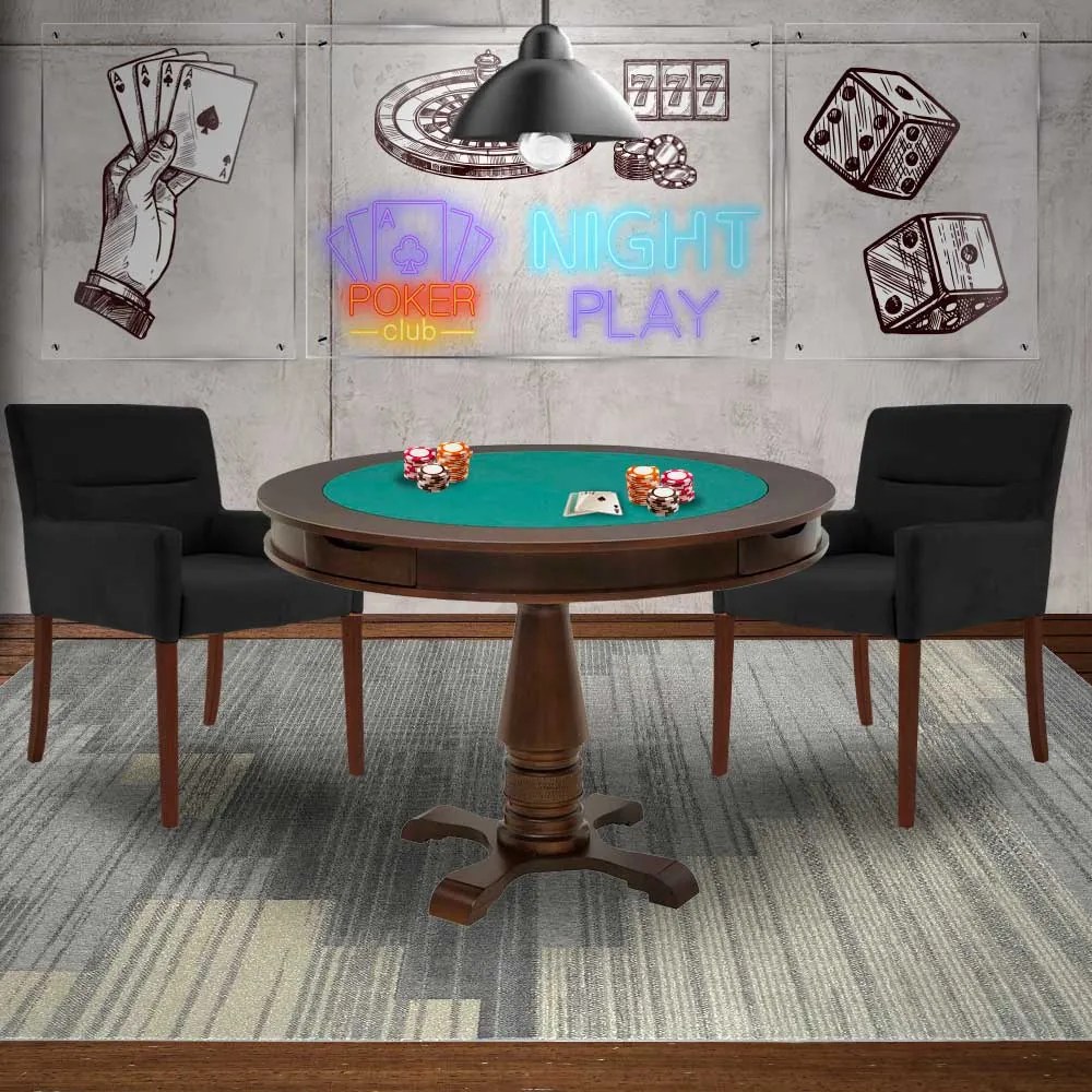 Mesa de Jogos Carteado Victoria Redonda Tampo Reversível Imbuia com 2 Cadeiras Vicenza Preto Fosco G36 G15 - Gran Belo