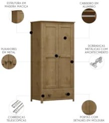 Guarda Roupa Solteiro 91cm 2 Portas 1 Gaveta Lázio Freijó F07 - Mpozen