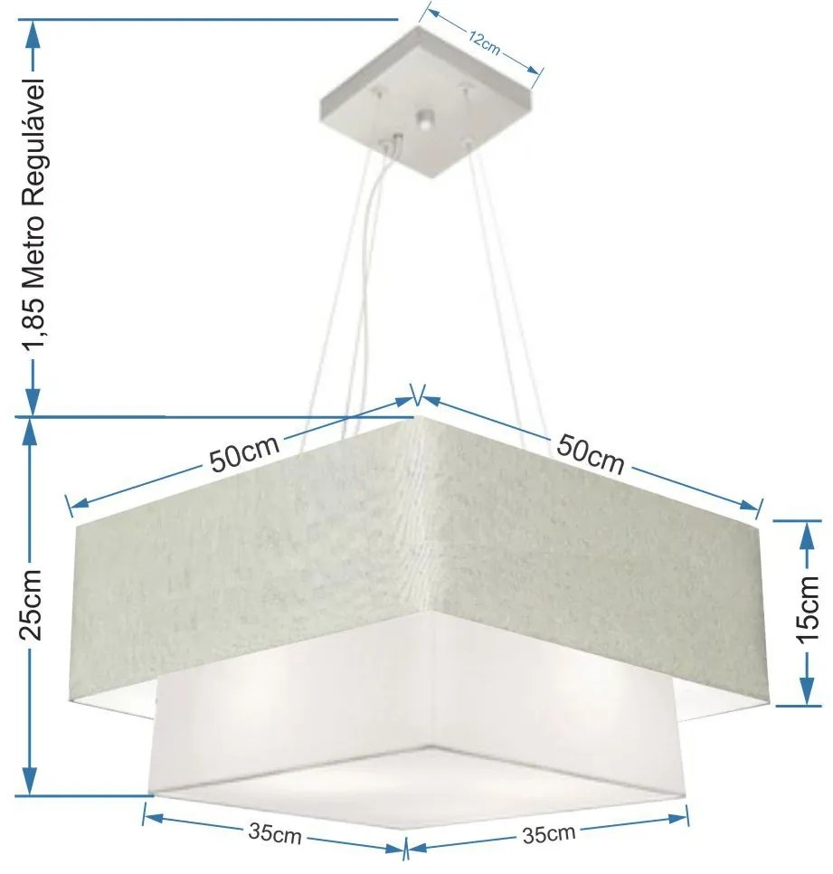 Lustre Pendente Duplo Quadrado Vivare Md-4066 Cúpula em Tecido 50x35cm Rustico Cinza / Branco - Bivolt
