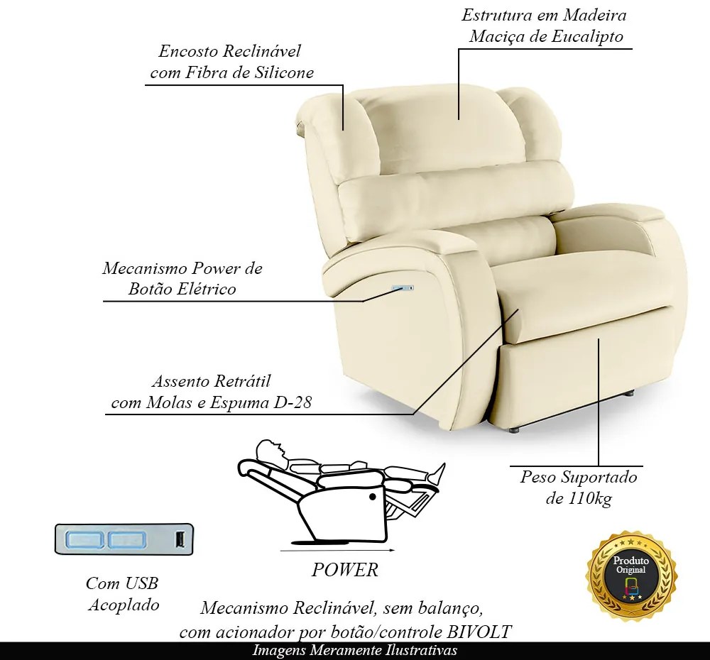 Poltrona do Papai Sala de Cinema Reclinável Kylie Elétrica Botão com Led USB PU Bege G23