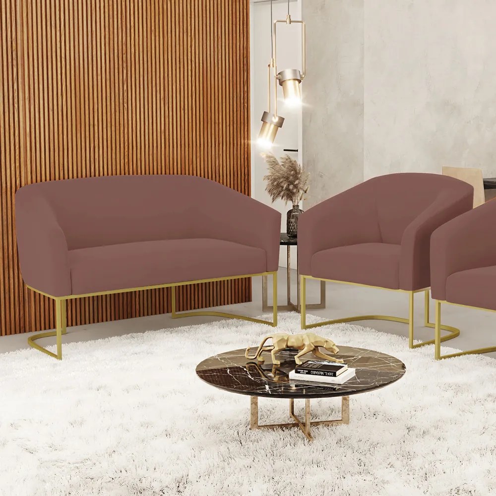 Sofá Namoradeira e Poltrona Base Industrial Dourado Stella Veludo D03 - D'Rossi - Rose