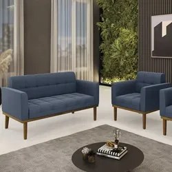 Sofá Namoradeira e 1 Poltrona Base Madeira Castanho Ana Suede Azul Mar