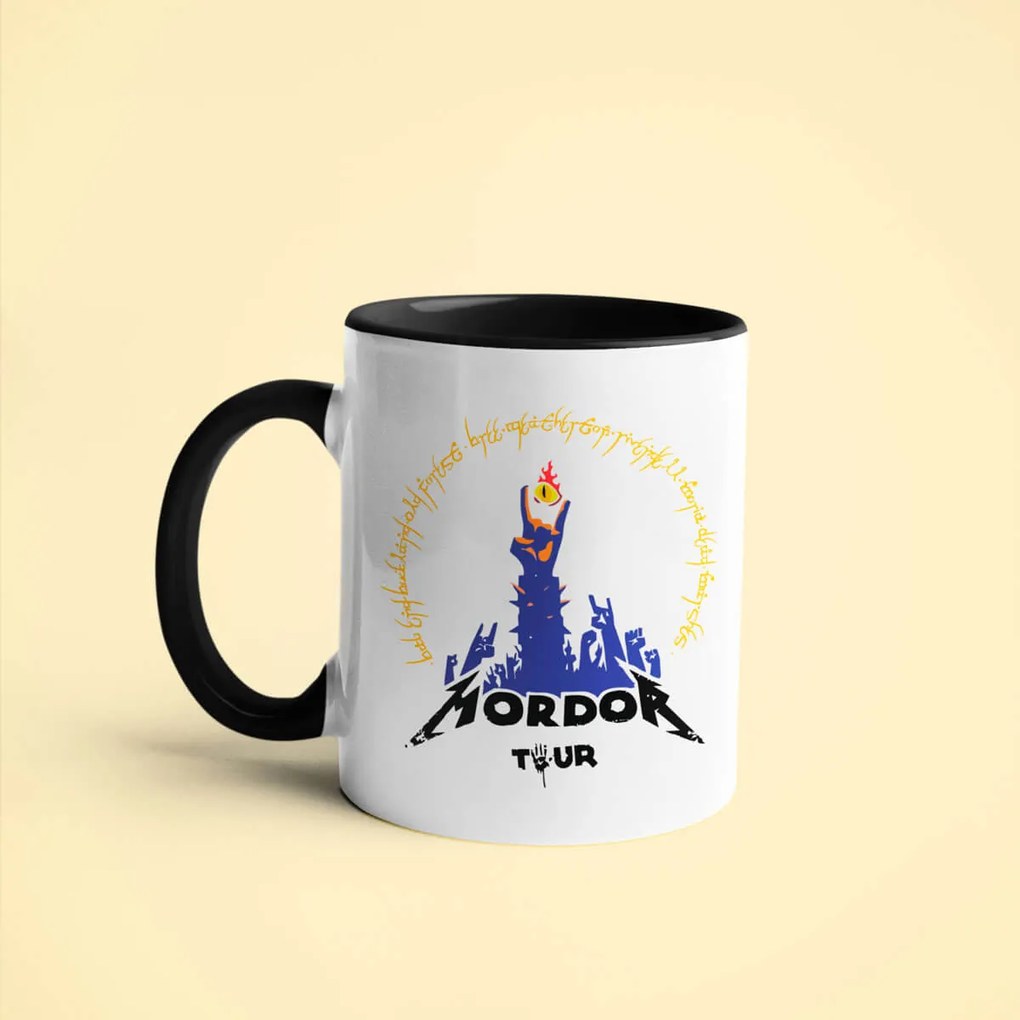 Caneca Mordor Tour Senhor dos Anéis Branca com Alça Preta