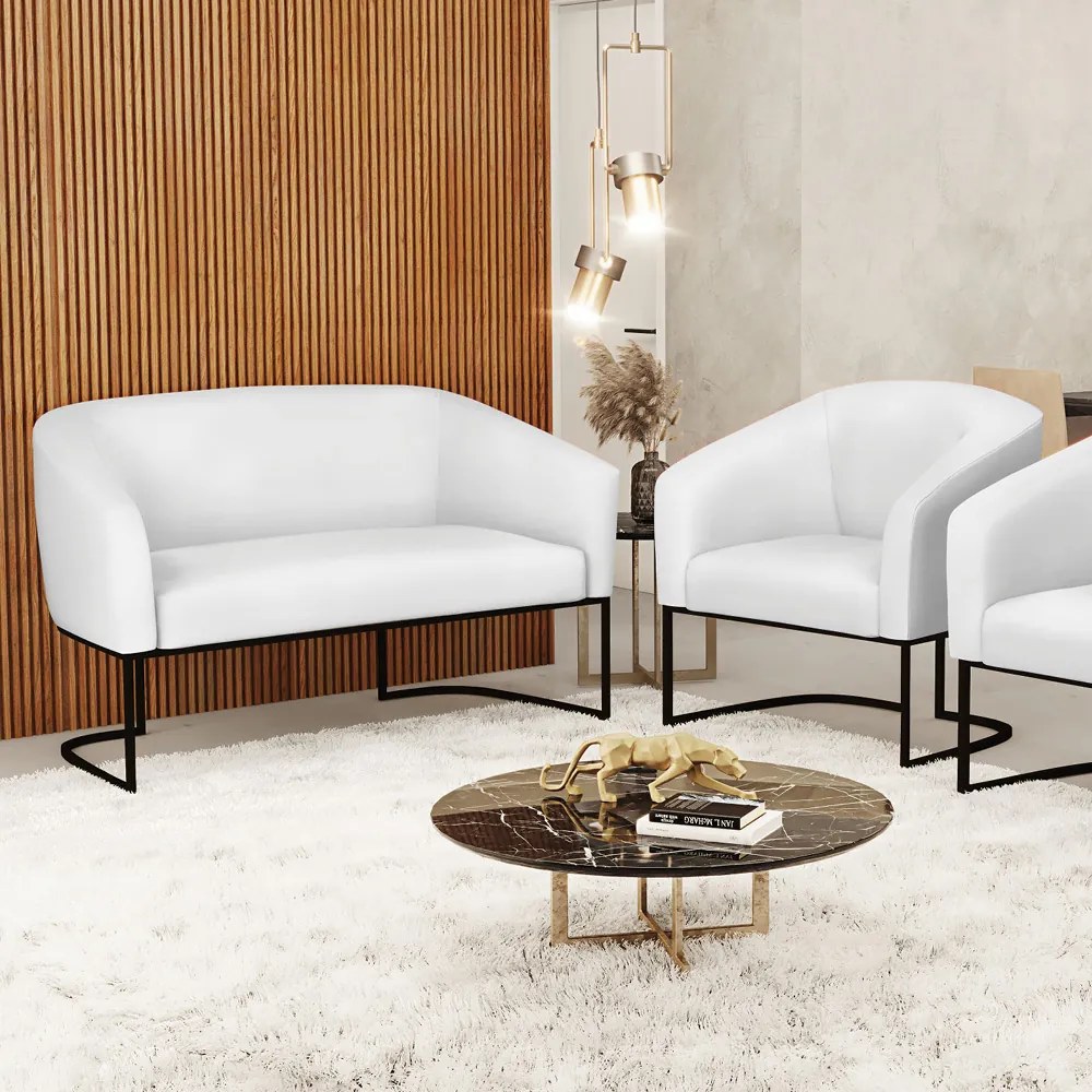 Sofá Namoradeira e Poltrona Base Industrial Preto Stella Corino D03 - D'Rossi - Branco