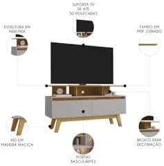 Rack Bancada Para TV 50 Pol 120cm 2 Portas Rubi Naturalle/Off - Bechar