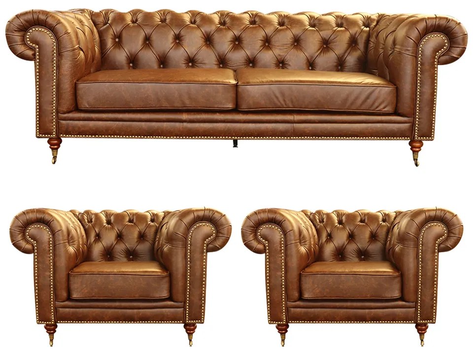 Conjunto Sofá e 2 Poltronas Chesterfield Duo Couro Tabaco G40 - Gran Belo