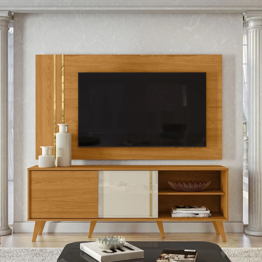 Conjunto Painel com Bancada Atreus Portas Deslizantes MDP até 60 Cinamomo/OffWhite G97 - Gran Belo