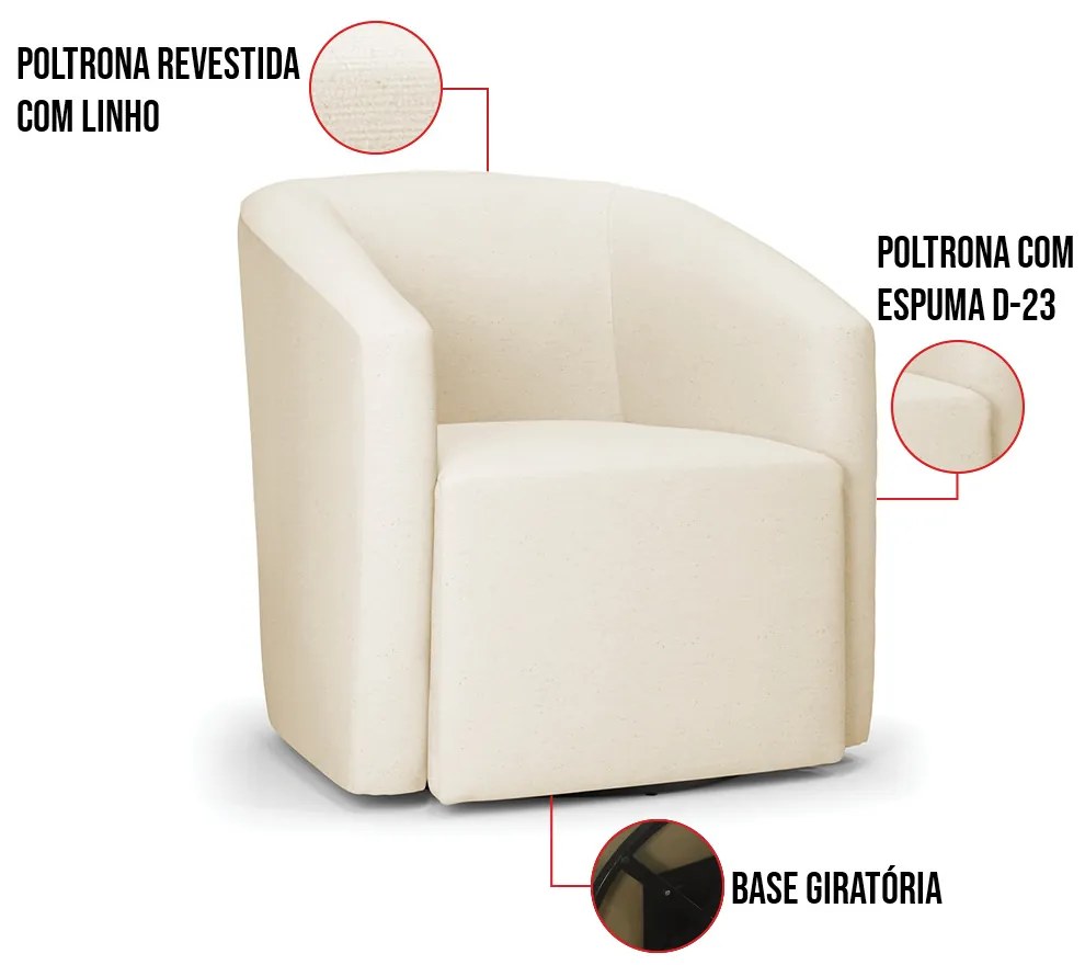 Poltrona Decorativa Base Giratória Kit 2 Stella Max Linho D03 - D'Rossi - A19 Bege