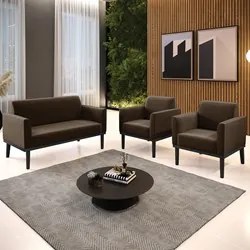 Sofá Namoradeira e 2 Poltronas Base Madeira Preto Maressa Suede Marrom
