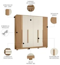 Guarda Roupa Casal 237cm 6 Portas Vinna A02 Off/Freijó - Mpozenat