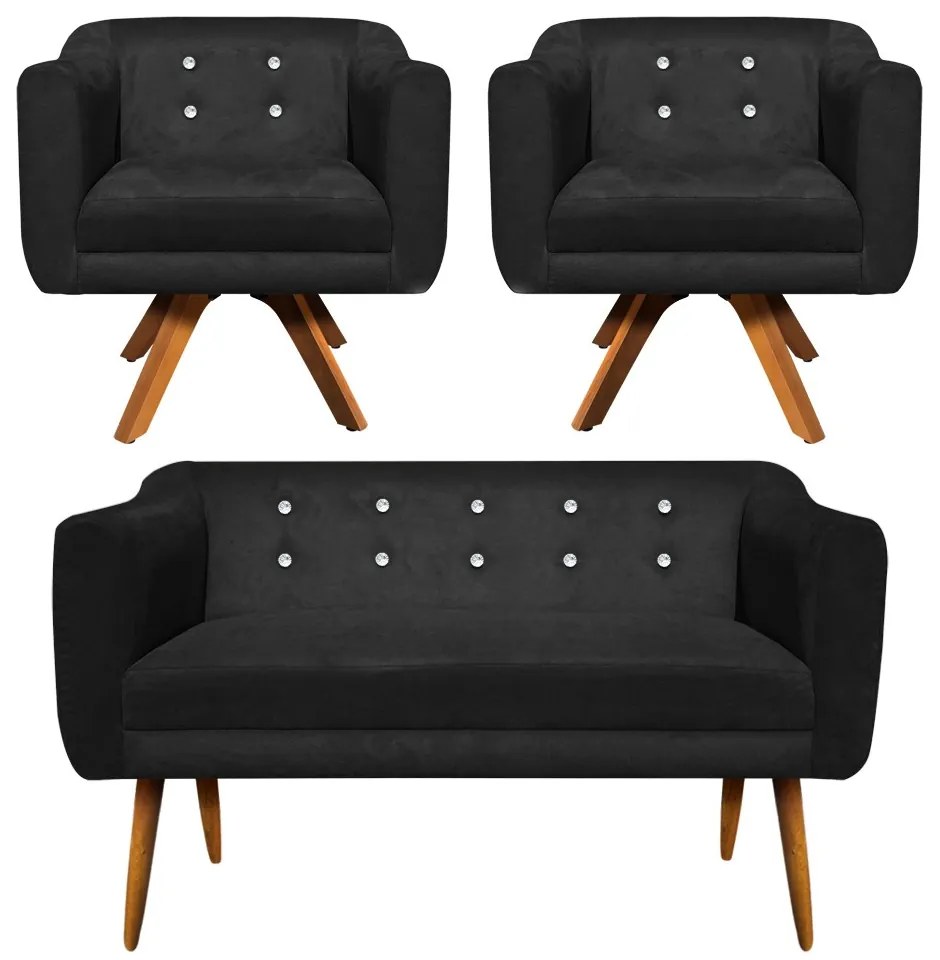 Kit 01 Namoradeira 02 Lugares e 02 Poltronas Giratória Julia Suede Preto com Strass Base Madeira MM30 D'Rossi