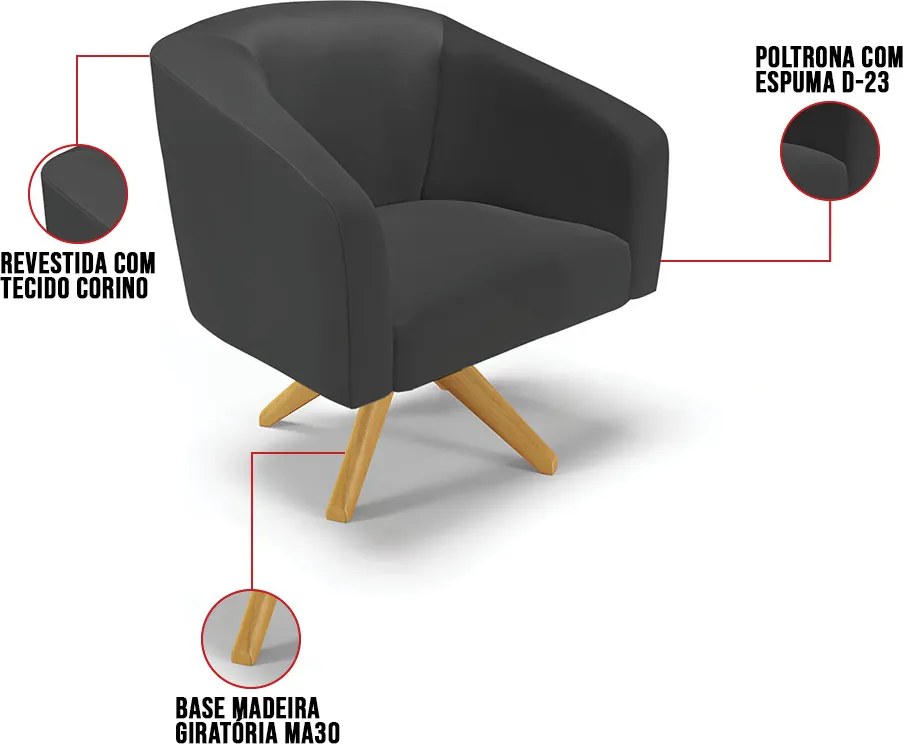 Poltrona Decorativa Giratória MA30 Stella Sintético D03 - D'Rossi - Preto