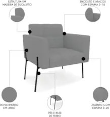 Poltrona Para Sala Pé Metal Preto Kit 2 Ana Linho Grafite - Ibiza