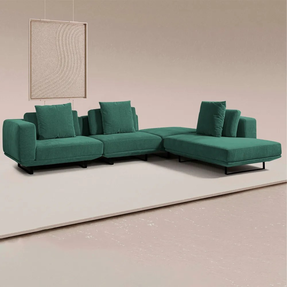 Sofá Modulado Sala de Estar Carmen 472cm Pés de Ferro Linho Rústico Azul Aquamarine G92 - Gran Belo