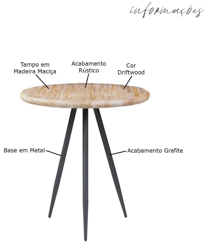 Mesa Lateral para Sala de Estar Vivassi Redonda 50cm Grafite Madeira Maciça Driftwood G54 - Gran Belo