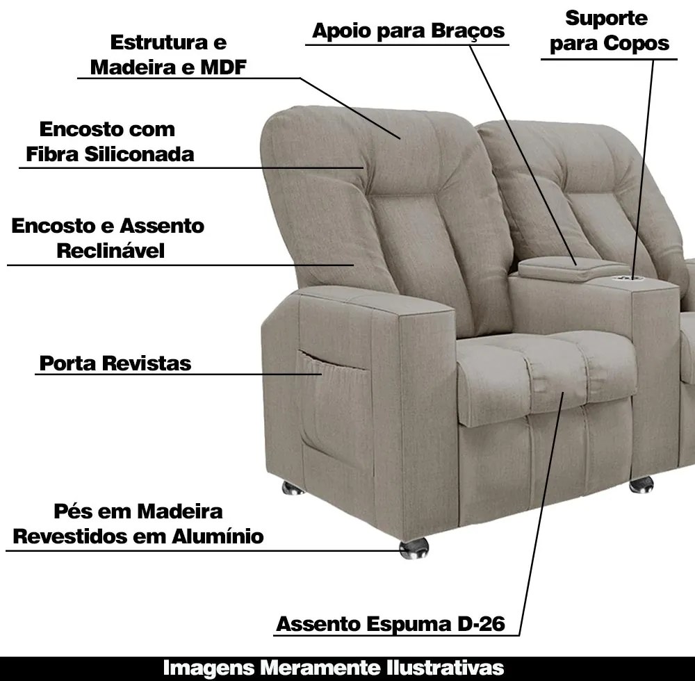 Poltrona Reclinável 2 Lugares para Sala de Cinema Pequim Linho Bege G23 - Gran Belo