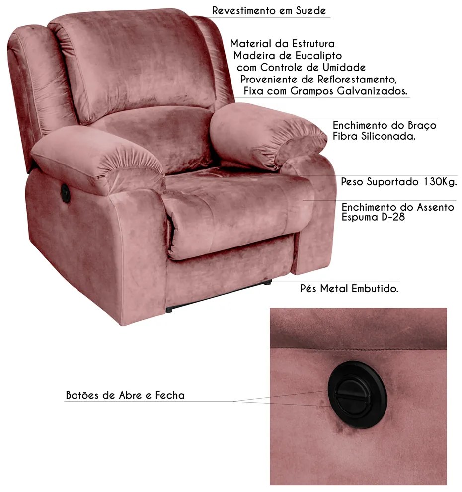 Poltrona do Papai Reclinável Elétrica Magnum Veludo Rosê G23 - Gran Belo