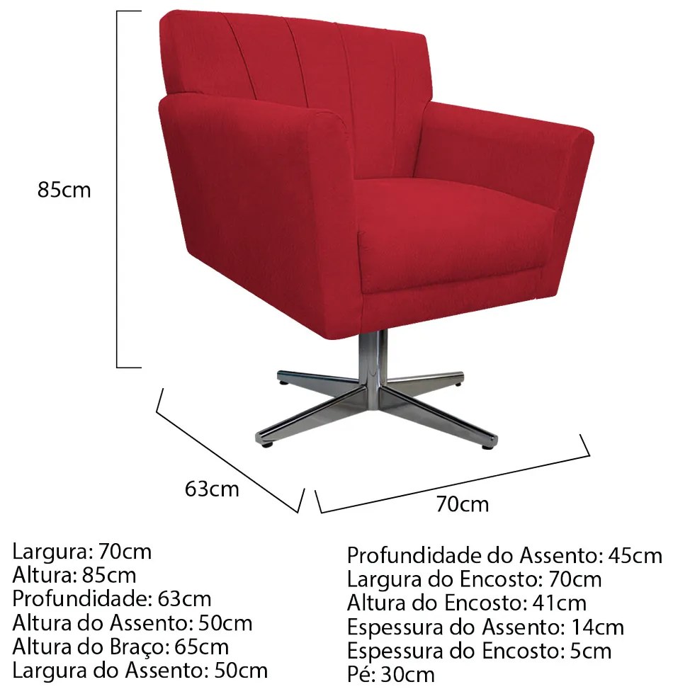 Poltrona Laura Base Giratória de Metal Suede Vermelho - ADJ Decor