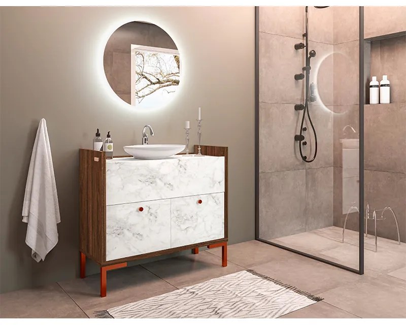 Balcão Gabinete de Banheiro Rubi 90cm com Pés de Ferro Atenna/Imbuia - Vizzato - Branco