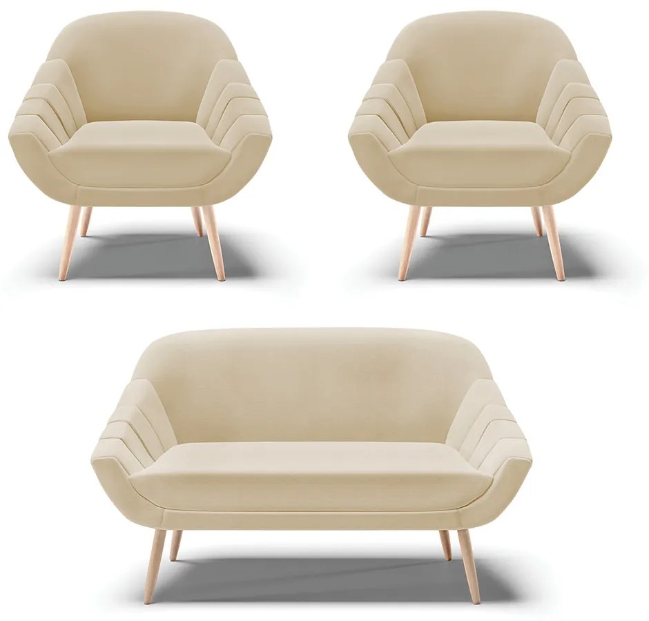 Kit 01 Namoradeira 02 Lugares e 02 Poltronas Giovana Linho Pés Palito Natural - Indo Decorar - A27 Areia