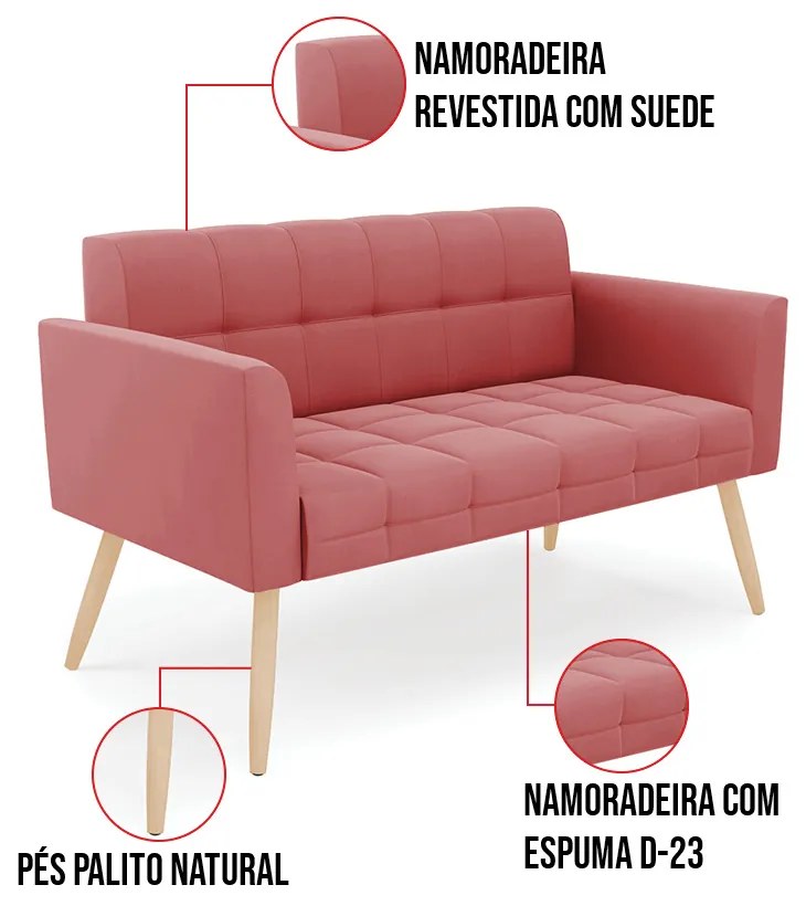 Kit 1 Sofá Namoradeira e 2 Poltronas Elisa Suede Pés Palito Natural D03 - D'Rossi - Rose