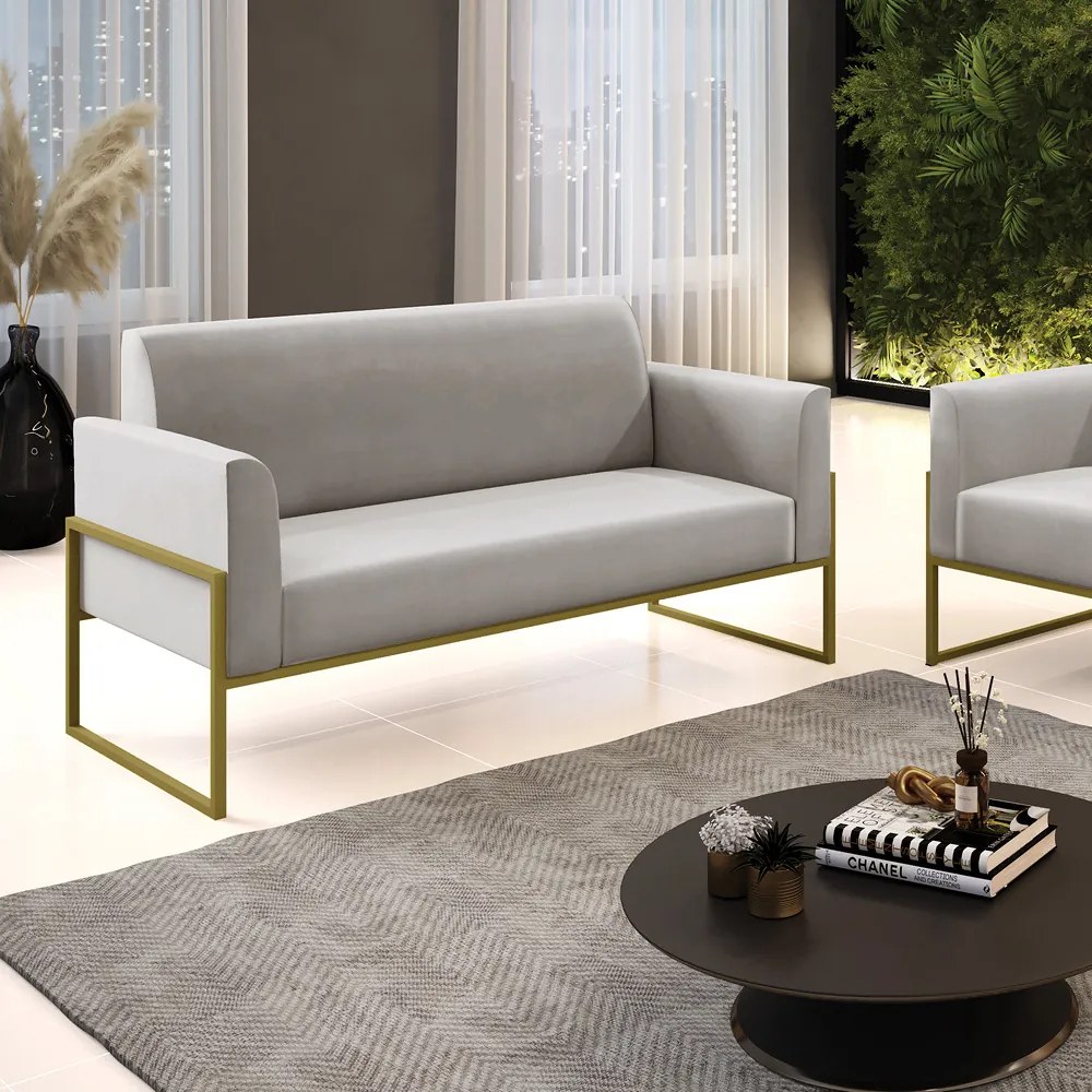 Sofá Namoradeira Base Industrial Alta Dourado Marisa Veludo D03 - D'Rossi - Cinza