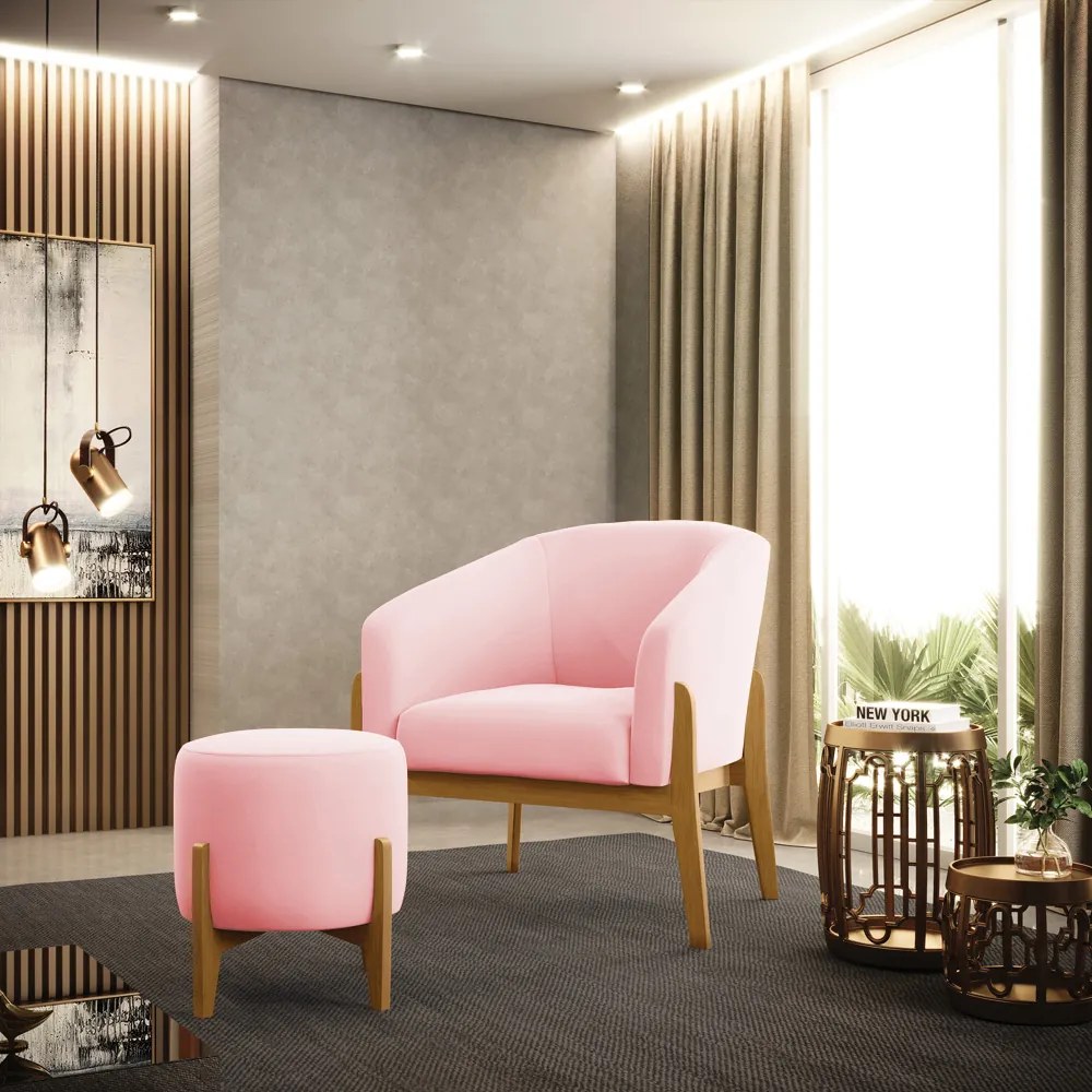 Poltrona com Puff Base de Madeira Stella Suede Rosa Bebê D03 - D'Rossi