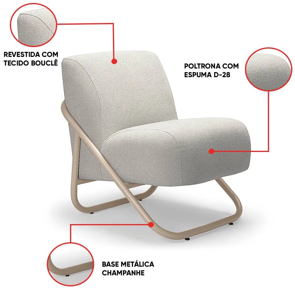 Poltrona Sala Decorativa Industrial Champanhe Martina Bouclê Cinza K01 - D'Rossi