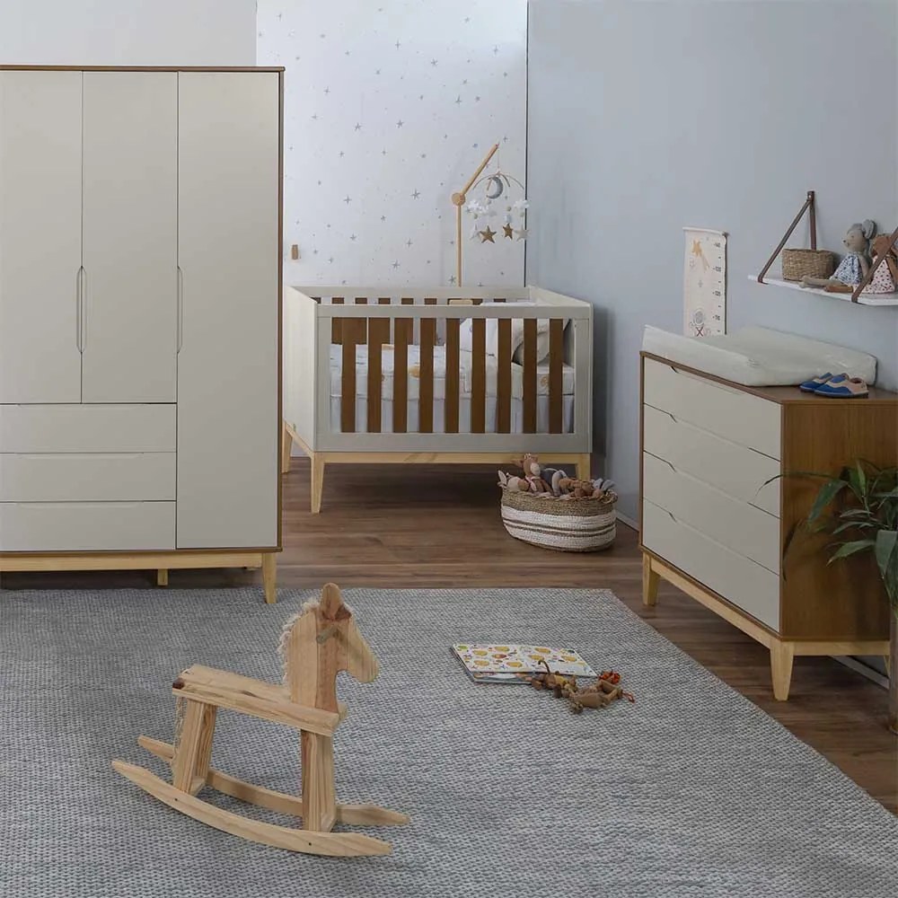 Kit Quarto Infantil com Pés Square Natural - Cômoda Elfe 4 Gavetas + Guarda-Roupa Elfe + Berço Mini Cama Noah - Areia Fosco e Savana