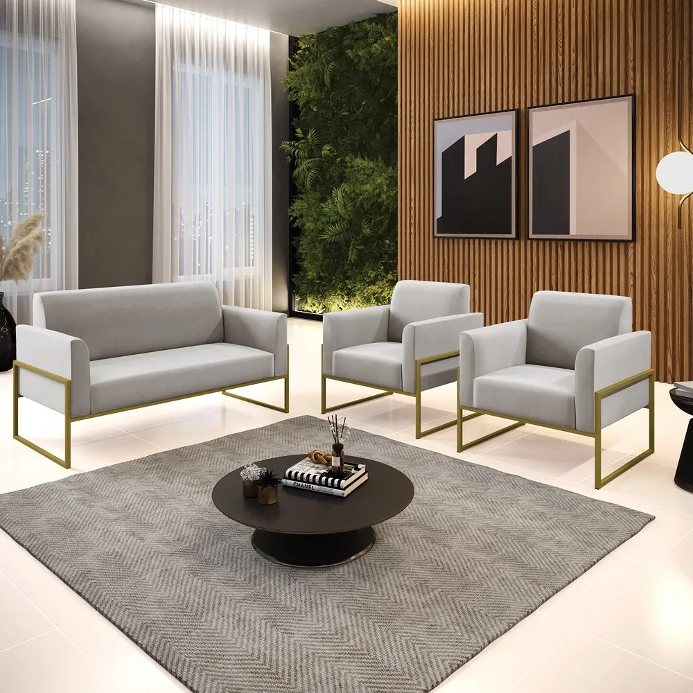 Sofá Namoradeira com 2 Poltronas Base Industrial Alta Dourado Marisa Veludo D03 - DRossi - Cinza