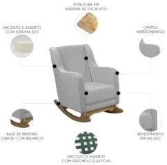 Poltrona Amamentação Base Madeira Balanço Vick Veludo Cinza F03 - Mpoz