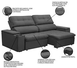 Sofá Retrátil Reclinável 3 Lugares 250cm Ginevra F05 Veludo Grafite -