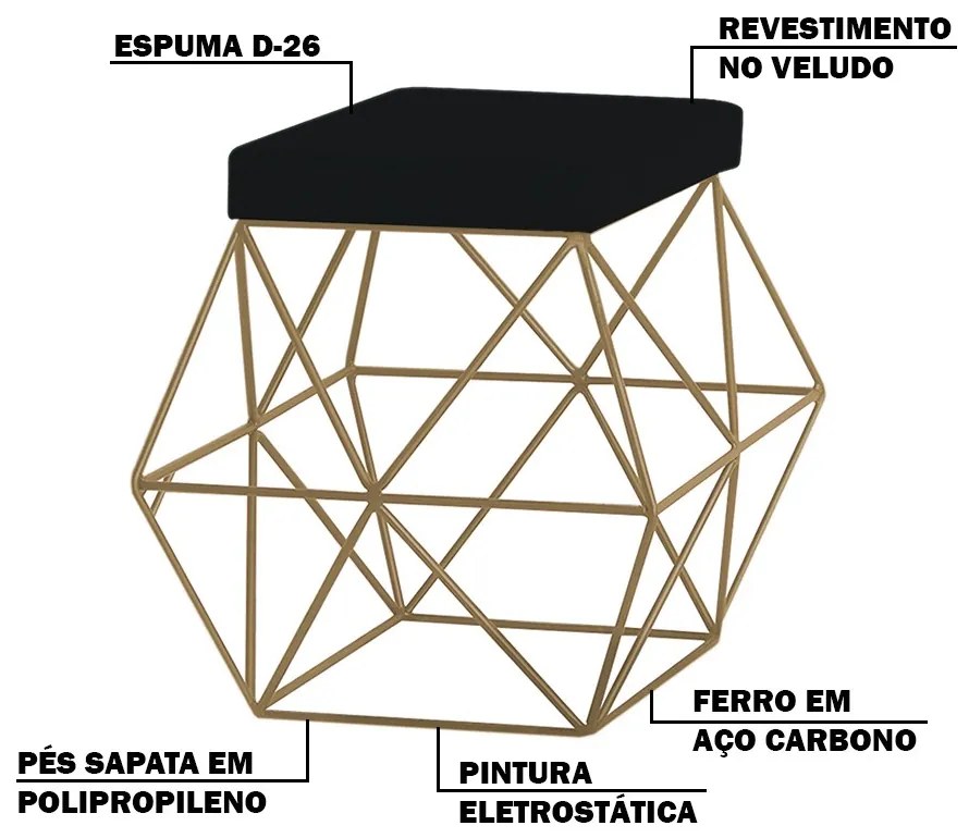 Puff Decorativo Sala de Estar Base Gold Trixie Veludo Preto G41 - Gran Belo
